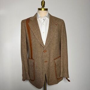 1970 CRICKEETER Vtg 42R Mens Tweed Barlycorn Blazer Shooter Hunting Leather Trim